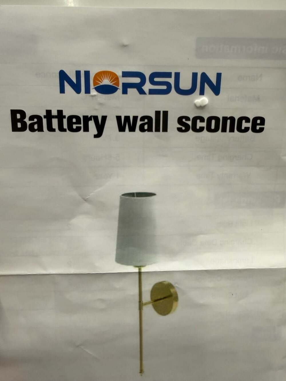 Niorsun Battery Wall Sconce Gold Fabric Shade